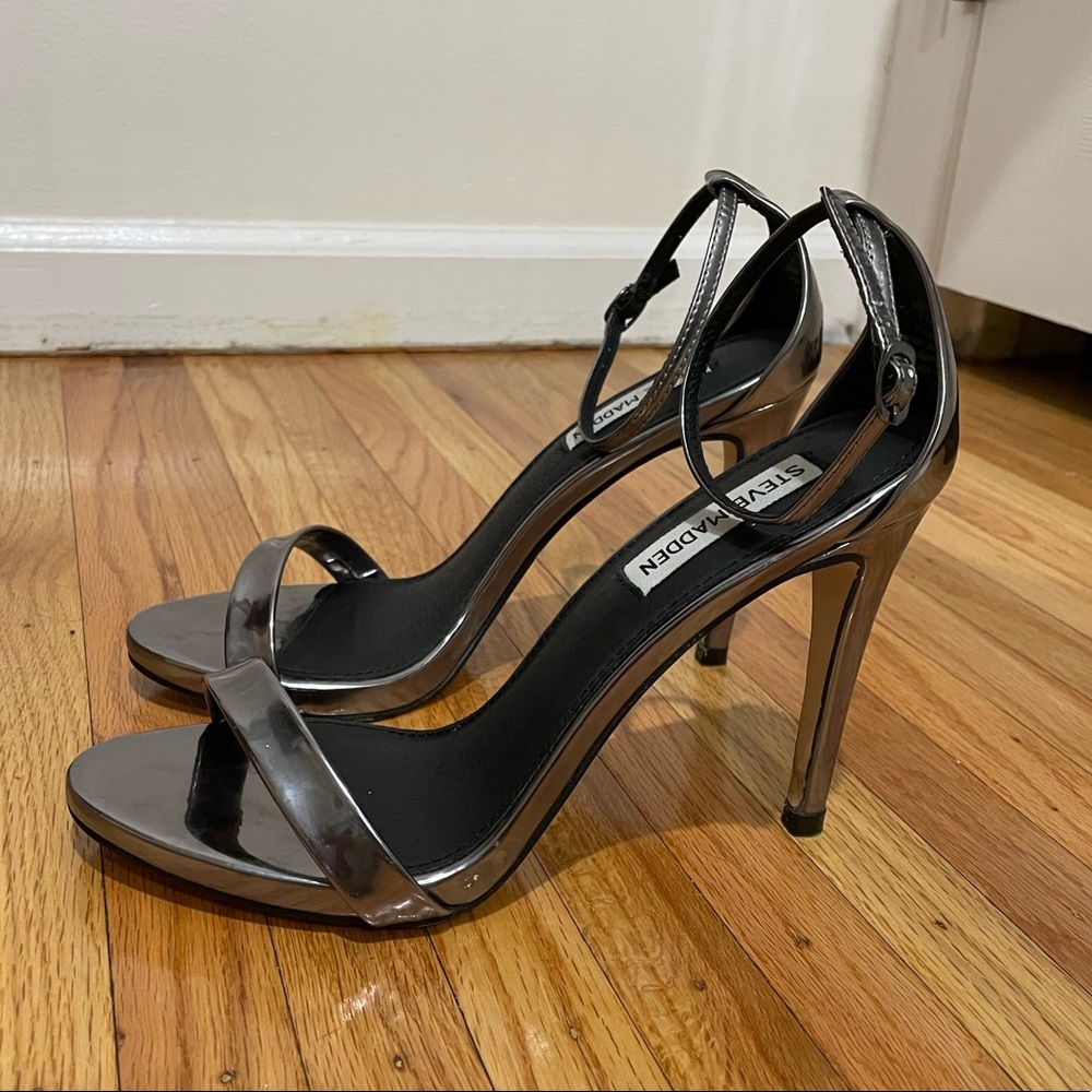 Steve Madden 3” open toe heels. Metallic, Slate grey. Gently used!